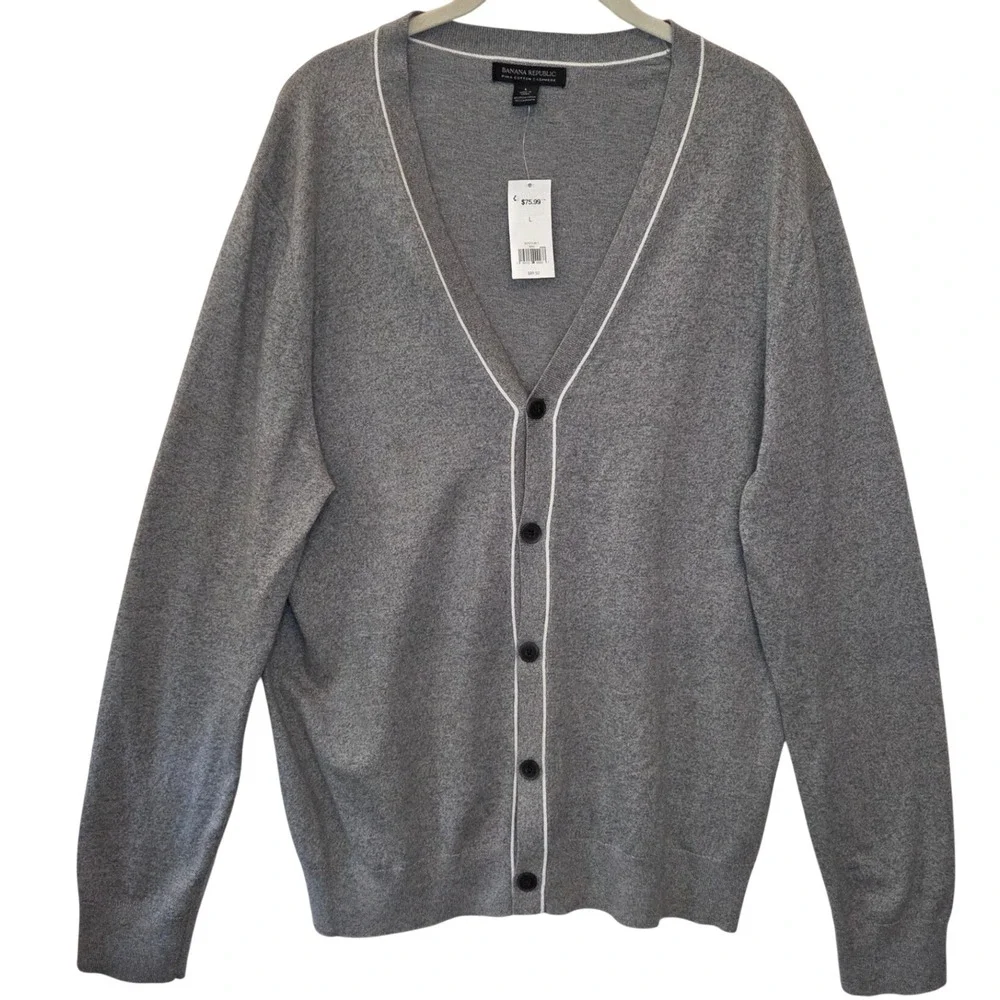 Banana Republic Mens Gray Pima Cotton Cashmere V-Neck Cardigan Sweater Large NWT